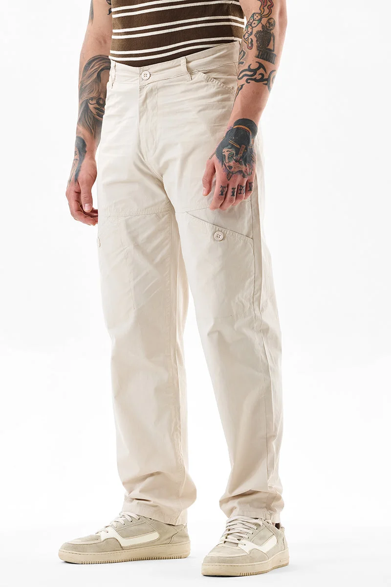 Snitch Beige Relaxed Fit Cotton Light Beige Cargo Pants for Men | Best Price UAE